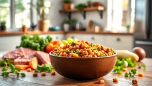 Pet owner serving Badlands Ranch Superfood Complete dog food in a inviting kitchen setting