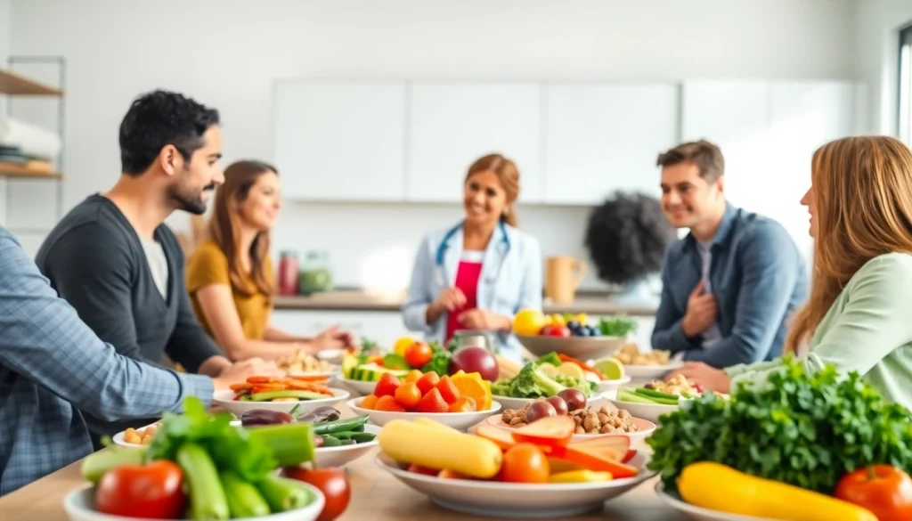 A dietitian shows healthy meals for dieting lose weight with clients discussing in a bright modern kitchen.