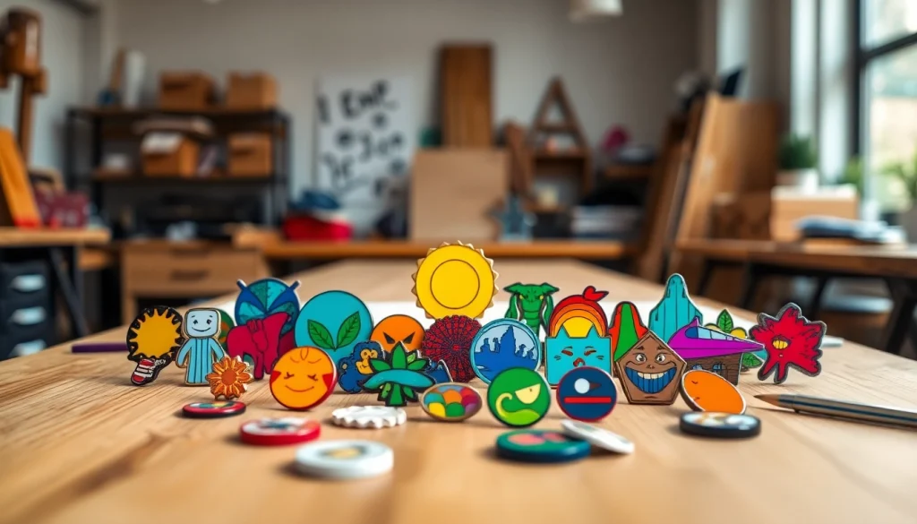 Showcase of custom acrylic pins highlighting diverse designs and vibrant colors.