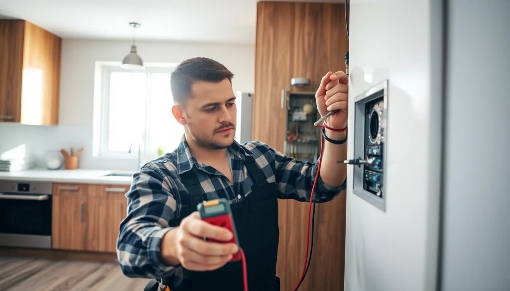 Electrician performing an Electrical Panel Upgrade in a modern kitchen, emphasizing safety and expertise.