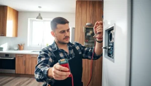 Electrician performing an Electrical Panel Upgrade in a modern kitchen, emphasizing safety and expertise.
