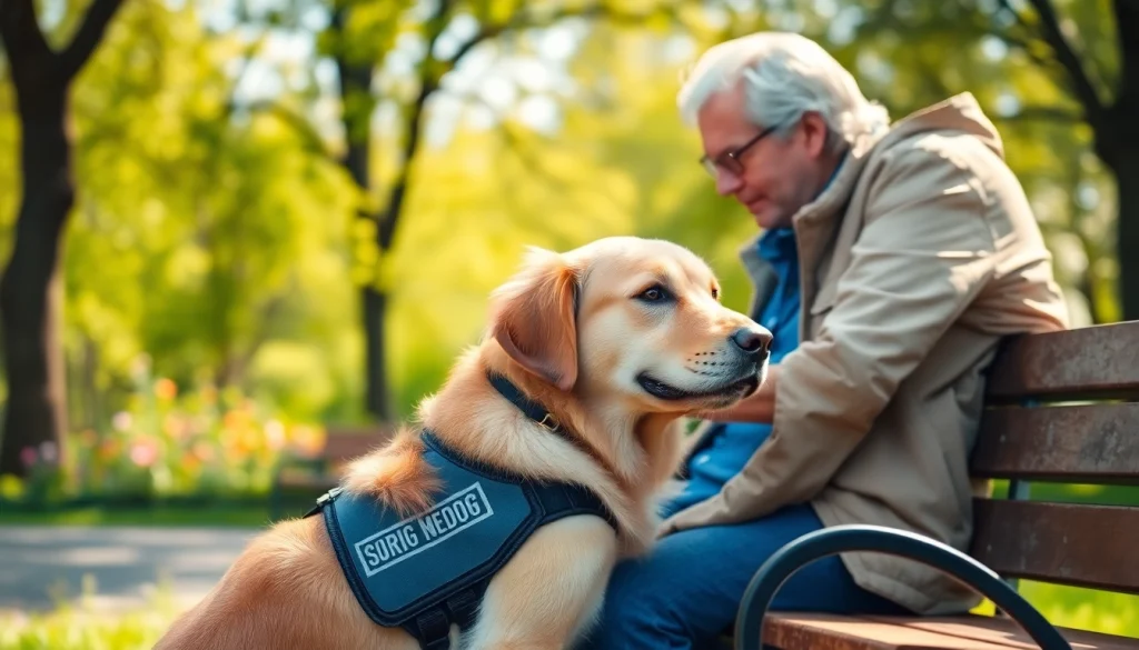 Supportive psychiatric service dogs comforting their handlers in a serene park scene