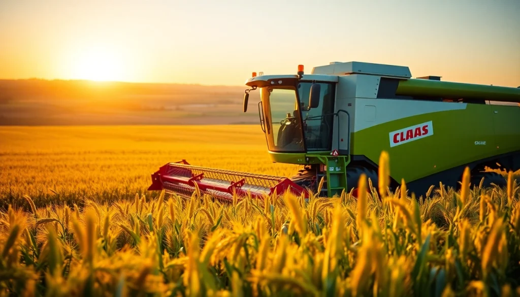 Claas Landmaschinen bei der Arbeit auf einem Feld bei Sonnenuntergang