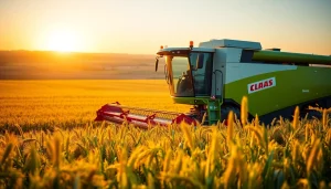 Claas Landmaschinen bei der Arbeit auf einem Feld bei Sonnenuntergang