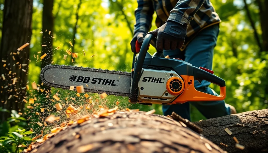 Stihl Kettensäge schneidet durch einen dicken Baumstamm in einem schönen Wald.