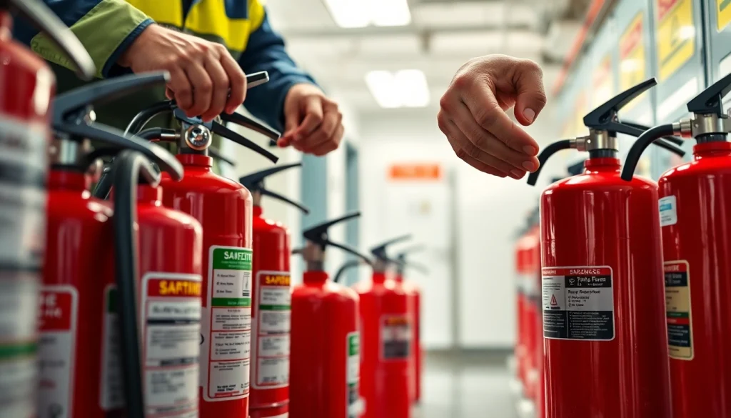 Ensuring fire extinguisher maintenance with a technician inspecting equipment in a commercial setting.