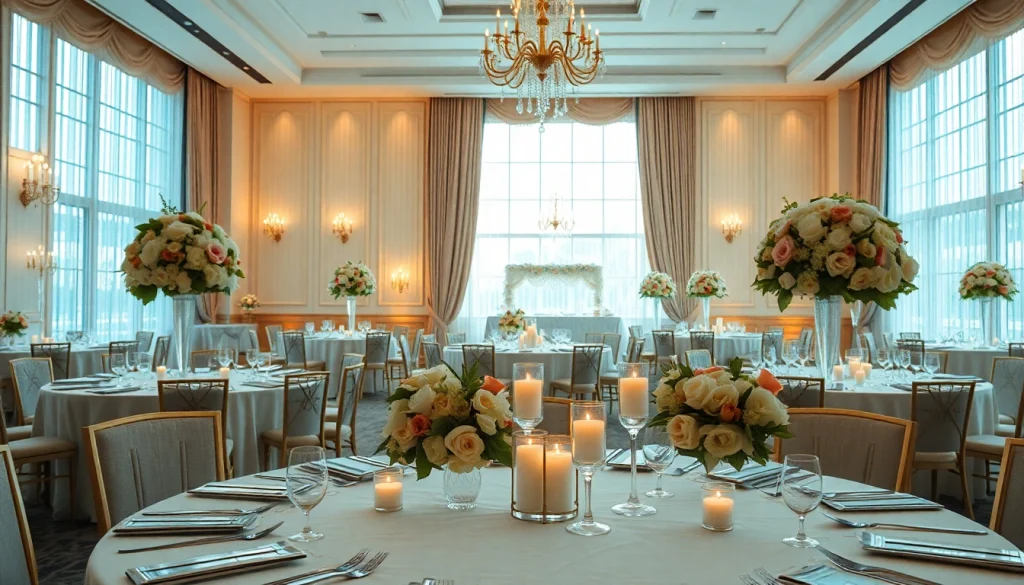 Capture a stunning moment at le prestige hall showcasing a beautifully arranged wedding reception setting.