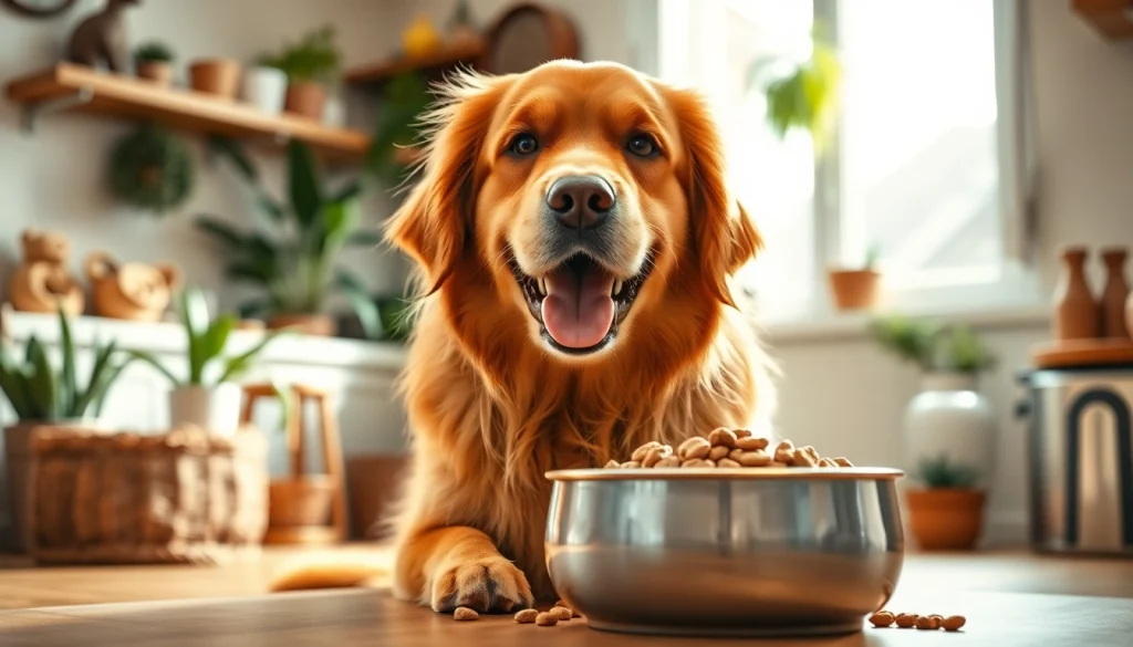 Feeding nature's blend dog food canada to a happy golden retriever in a warm kitchen setting.