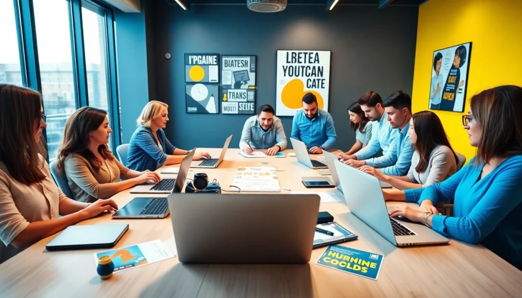 Social media agency professionals brainstorming innovative marketing strategies in a modern office.
