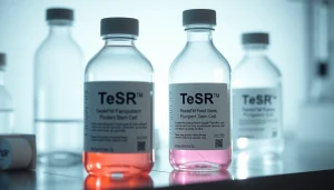 All check: Showcase the TeSR™ Pluripotent Stem Cell media in a well-lit lab setting, emphasizing its significance in stem cell research.