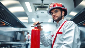 Engaged technician demonstrating a Fire Suppression service in a commercial kitchen.
