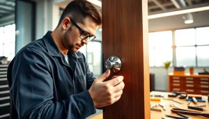 Expert locksmith from Carballo Locksmith meticulously installing a secure door lock.