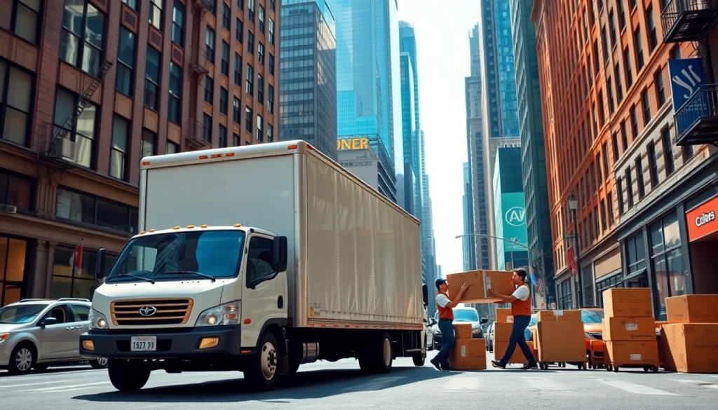 Find reliable Cheap movers nyc handling boxes with urban backdrop in New York City.