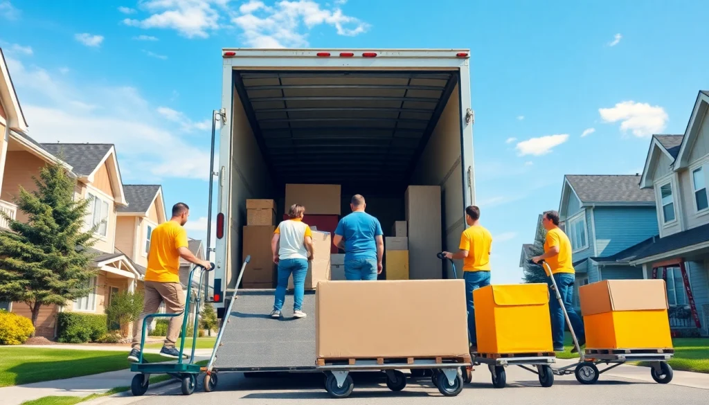 Efficient movers Calgary loading furniture into a truck under bright skies, showcasing teamwork and reliability.