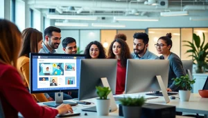 Team creating innovative designs at kansas city web design company in modern workspace