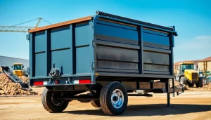 Browse dump trailer for sale near me with durable features and construction site backdrop.