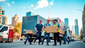 Team of professional movers in Toronto area efficiently relocating furniture in an urban setting.