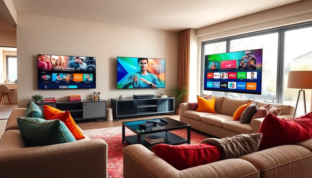 Comprar IPTV en una sala moderna con un televisor grande y una iluminación brillante.