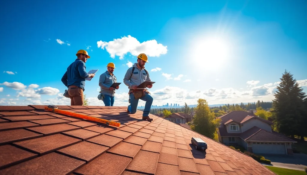 Inspecting Roofing Vancouver Wa for quality and safety with professional contractors amidst a vibrant city backdrop.