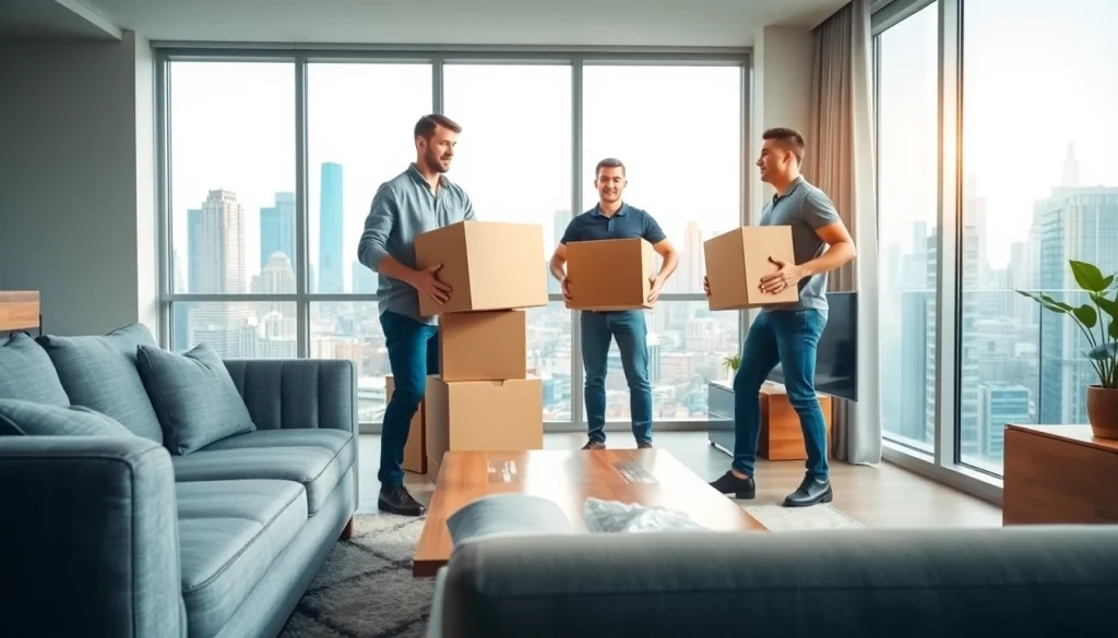 Efficient Queens movers expertly packing boxes in a modern apartment with a city view.