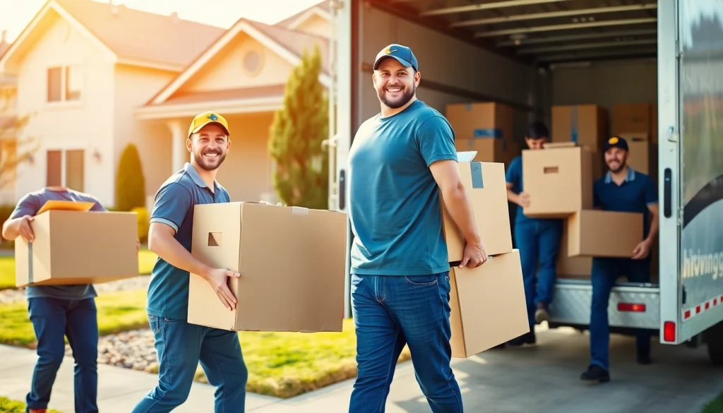 Movers calgary loading boxes into a truck while providing professional service in a suburban neighborhood.