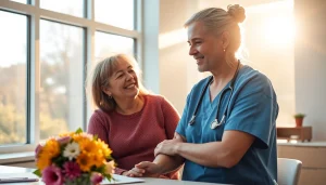 Empowering moment in breast cancer recovery with a nurse supporting a survivor in a bright clinic.