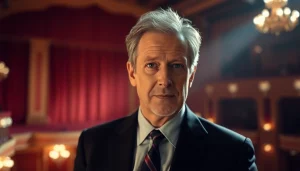James Broadbent gracefully posing in a theater, capturing his expressive character.
