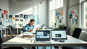 Showcase of a calgary graphic design company working collaboratively in a vibrant modern office.